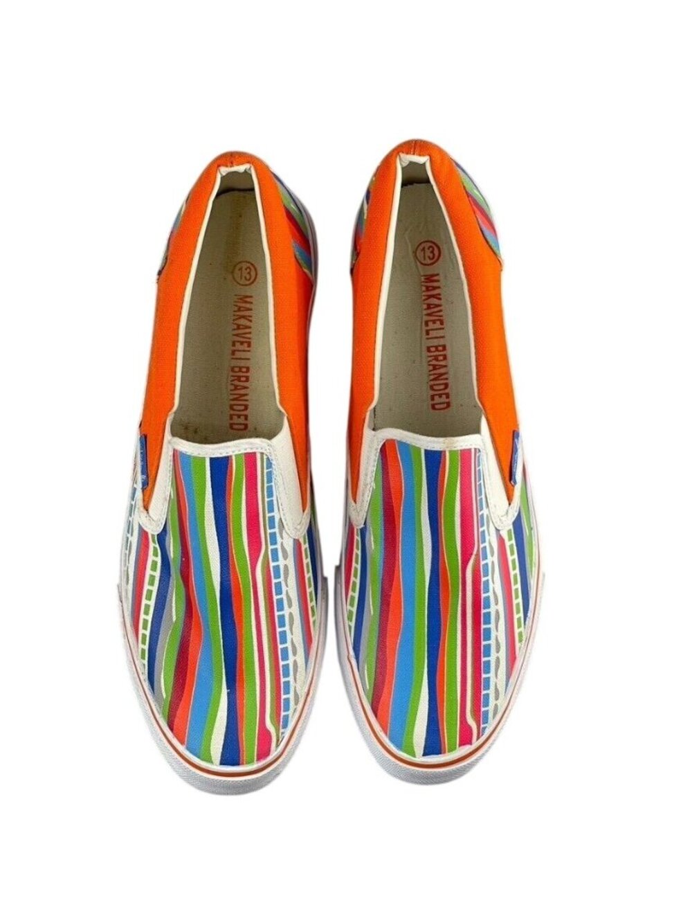 Vintage Makaveli Branded Mens Orange Multicolor Striped Slip-On Sneakers Size 13 - Picture 3 of 13